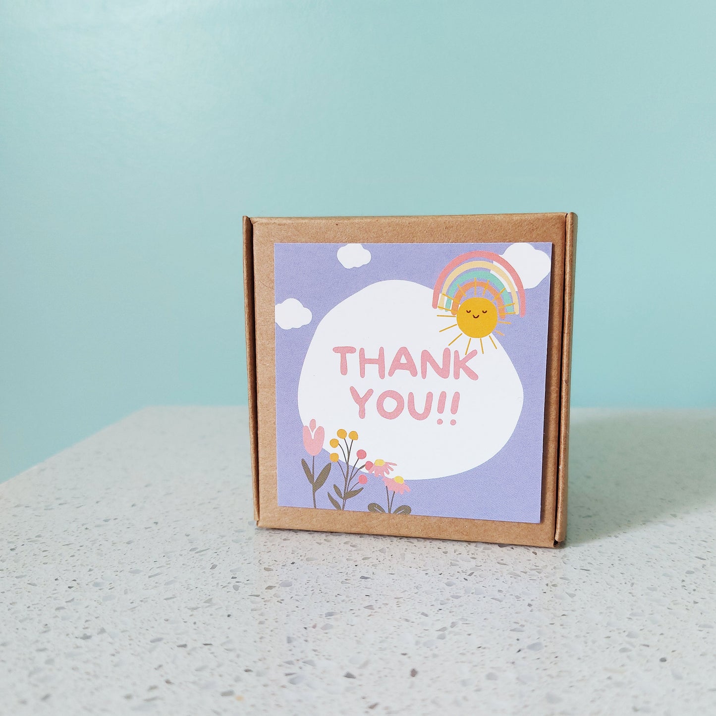 Box of 6 soap samples, cardboard box with a joyful "thank you" label, ILELI savonnerie artisanale
