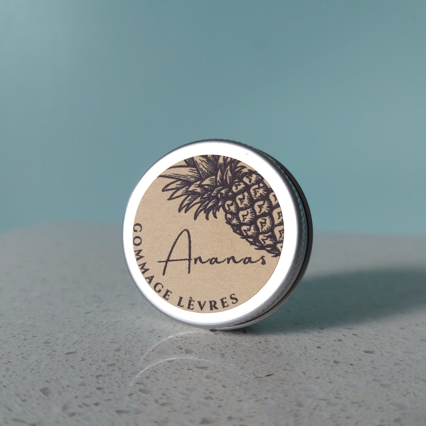 OragnicPineapple lip scrub in aluminium tin with kraft paper label