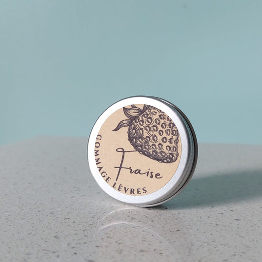 Organic strawberry lip scrub in aluminium tin with kraft paper label
