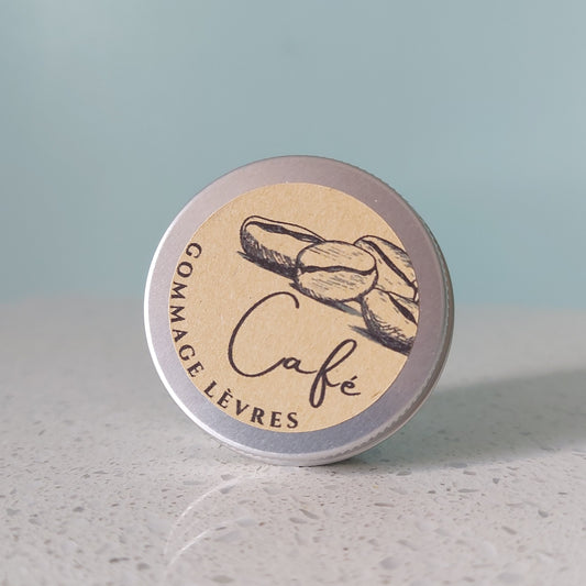 Coffee lip scrub in tin with craft paper label ILELI
