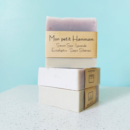 Savon Hammam, bicolor vert et violet aux huiles de lavande, d'eucalyptus et de sapin