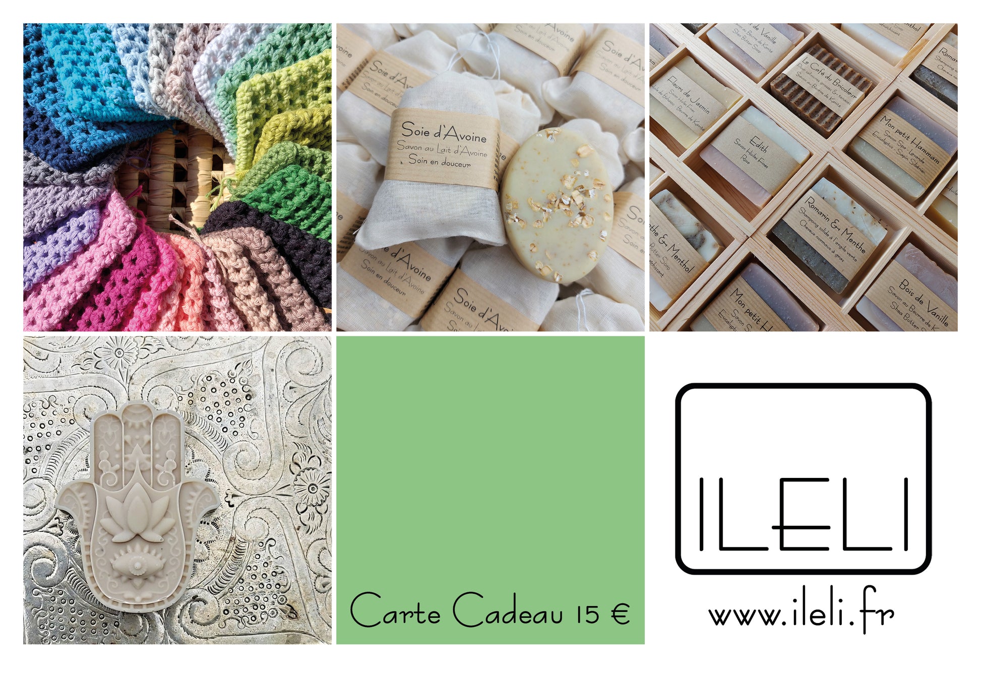 Carte Cadeau pour cosmétiques naturels, salle de bain zéro déchets, pochette à savon, nettoyant visage, savon cadeau, hamsa, ILELI savons Orsay