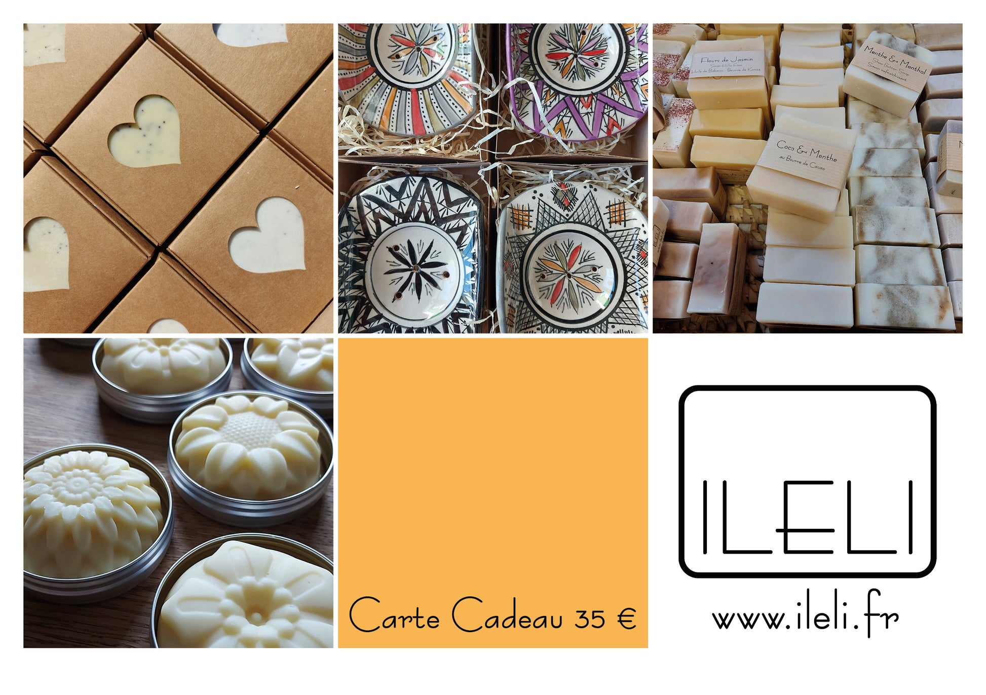 Carte cadeau beauté naturel, produits artisanaux, local, zéro déchet, cadeau unique et originau, ILELI savons Orsay